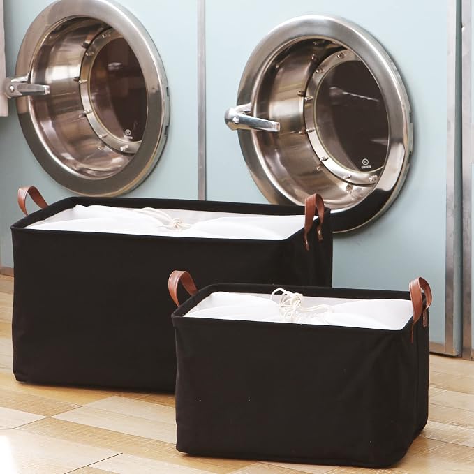 Hinwo 31L Large Canvas Storage Bin with Lid and Handles, 2-Pack | Collapsible Fabric Baskets, Closet Shelf Organizers, Containers for Clothing, Blankets, Toys, Bedding (Black) - Image 3