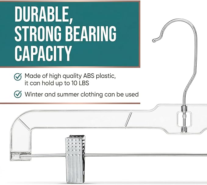 HOUSE DAY 120 Pack Clear Pants Hangers with Clips, Plastic Skirt Hangers for Women, 14 Inch Clip Hanger for Pants, Skirts, Jeans, Shorts, Legging, with 360-degree Swivel Hook, 2 Adjustable Clips - Image 6