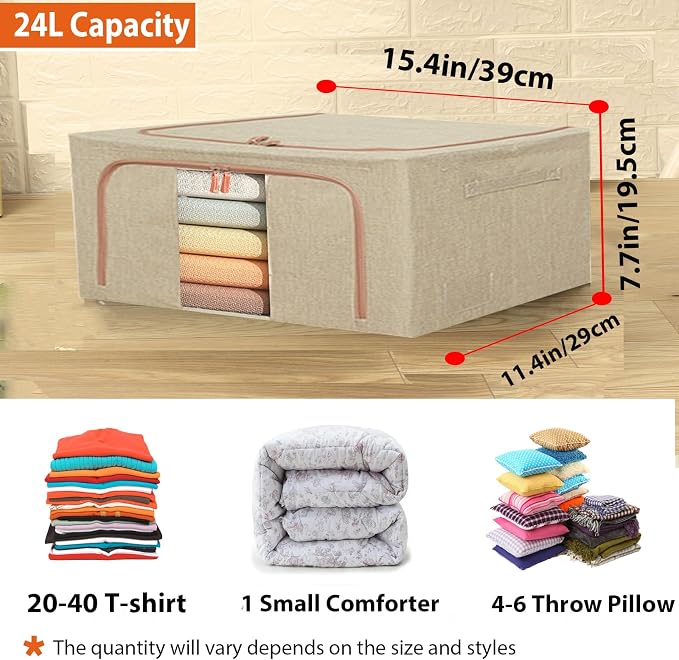 Linen Clothes Storage Bags, Sturdy Closet Organizers and Storage Bin with Hold Shape Metal Frame, 2 Opening Ways Fabric Visible Lidded Storage Box for Organizing Clothing,Bedding (2 Pack, 24L) - Image 2