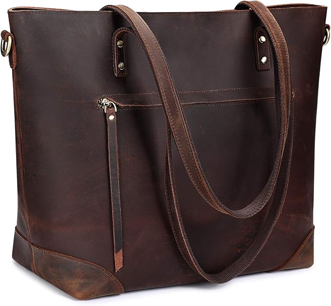 S-ZONE Vintage Genuine Leather Shoulder Bag Work Totes for Women Large | Top Grain Leather, Purse Handbag, Fits Laptop Documents, Luggage Sleeve, Multi Pockets, Work Travel Everyday by S-ZONE