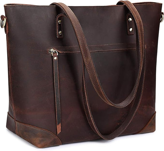 S-ZONE Vintage Genuine Leather Shoulder Bag Work Totes for Women Large | Top Grain Leather, Purse Handbag, Fits Laptop Documents, Luggage Sleeve, Multi Pockets, Work Travel Everyday by S-ZONE