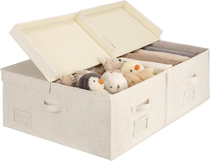 StorageWorks 55L Extra Large Fabric Storage Bins with Lid, Foldable Closet Organizer Boxes with Label and Handles, Decorative Storage Baskets for Clothing and Blankets, Natural Weave, 2-Pack by StorageWorks