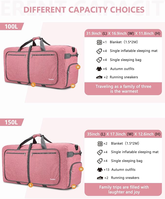 Gonex 100L Foldable Travel Duffle Bag with Shoe Compartment, Lightweight | 210D Nylon, Water-Repellent, Folds Compact, Multiple Pockets, Luggage Sleeve,Family Travel & Camping, Coral Pink - Image 3