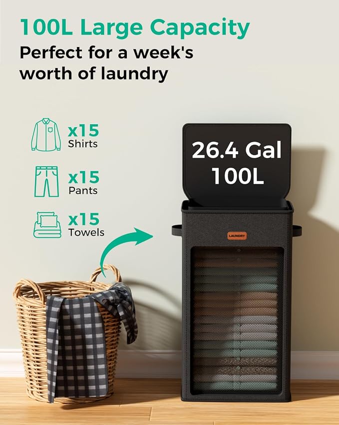 100L Large Capacity Laundry Hamper, Collapsible Laundry Basket Space-Saving, Clothes Hamper with Lid and Removable Bag for Bathroom Bedroom Laundry Room Dorm - Image 3