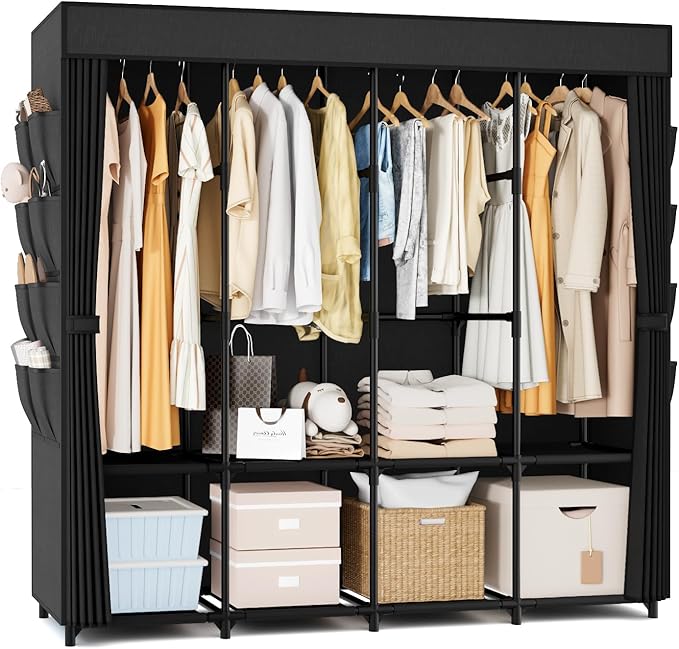 Portable Closet for Hanging Clothes, 67 Inch Wide Portable Wardrobe Closet with Cover, 4 Hanging Rod, Storage Shelves and Side Pockets, Large Free Standing Closet for Bedroom, Black by BRFOYU