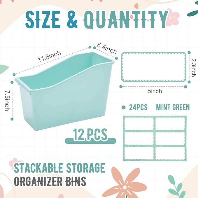 Geetery 12 Pcs Book Bin for Classroom with Labels Stackable Plastic Organizing Bins 11.5 x 5.4 x 7.5 in Book Holders Storage Bins Box Baskets for Classroom Library Home (Teal Color) - Image 2