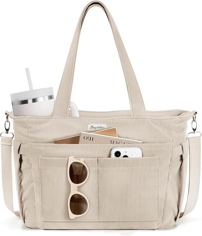 Bagstellar Corduroy Tote Bag for Women, 17 Pockets Laptop Work Tote Purse | Large 15.6” Computer Bag w/ 40oz Cup Holder & Strap, Zipper Teacher Nurse Bible Shoulder Bag for School Travel College Office by Bagstellar