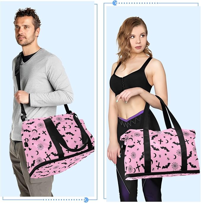 Gothic Pink Travel Duffel Tote with Bats - Sports Weekender Overnight Gym Carry On Hospital Bag for Women & Men - Image 5