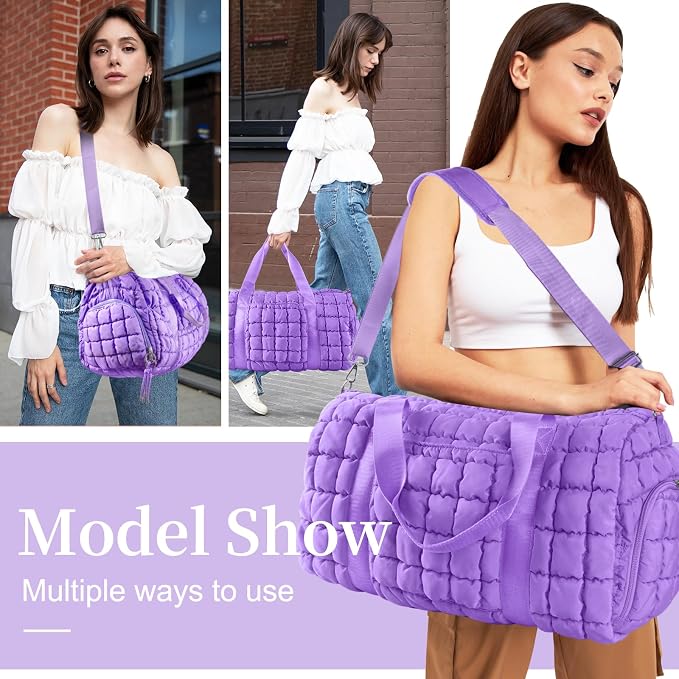 Quilted Travel Duffle Bag Gym Bag for Women,Large Puffer Duffle Weekender Bag with Compartment,Workout Overnight Carry on Organizer Bag Duffle Bag for Airplane Travel(L-Purple) - Image 8