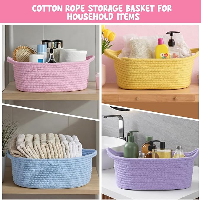 Hoolerry 8 Set Small Woven Gift Basket Empty with Bag Bow Raffia Pastel Cotton Rope Storage Box with Handle for Toy Storage Nursery Shelf Organizing Baby Shower Birthday Gift Basket, 12"x 8" x 5" - Image 6