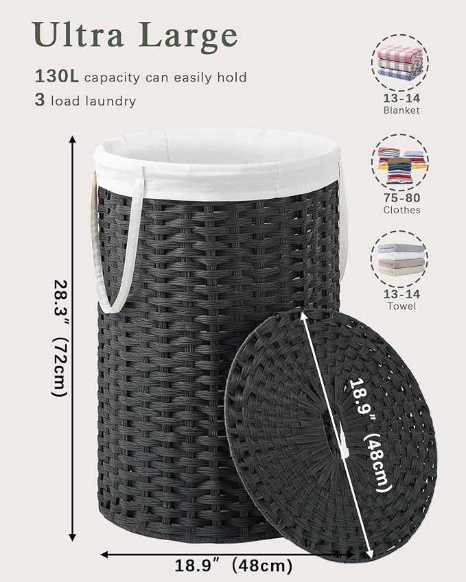 SETVSON Large Laundry Hamper Laundry Basket Round 130L, Black | Decorative PE Rattan Furniture Look for Bedroom, Round Laundry Hamper, Removable Liner Bag, 2 Mesh Bags, Handles - Image 4
