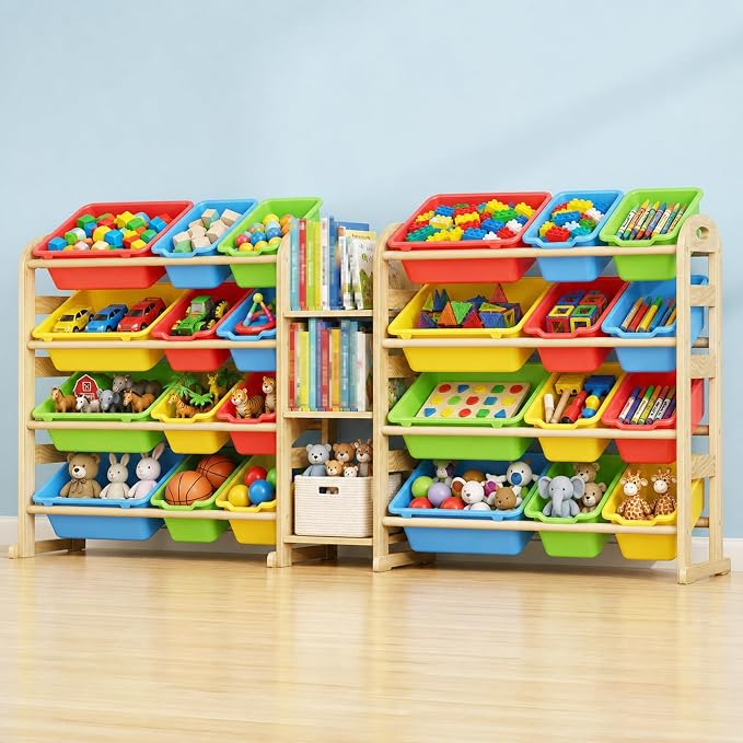 Large Wooden Toy Storage Organizer, 62" W Colorful 3-Shelf Bookcase/Bookshelf with 24 Toy Bins, Large Toy Organizers and Storage, Toy Box for Playrooms, Bedrooms Organization by Orekemo