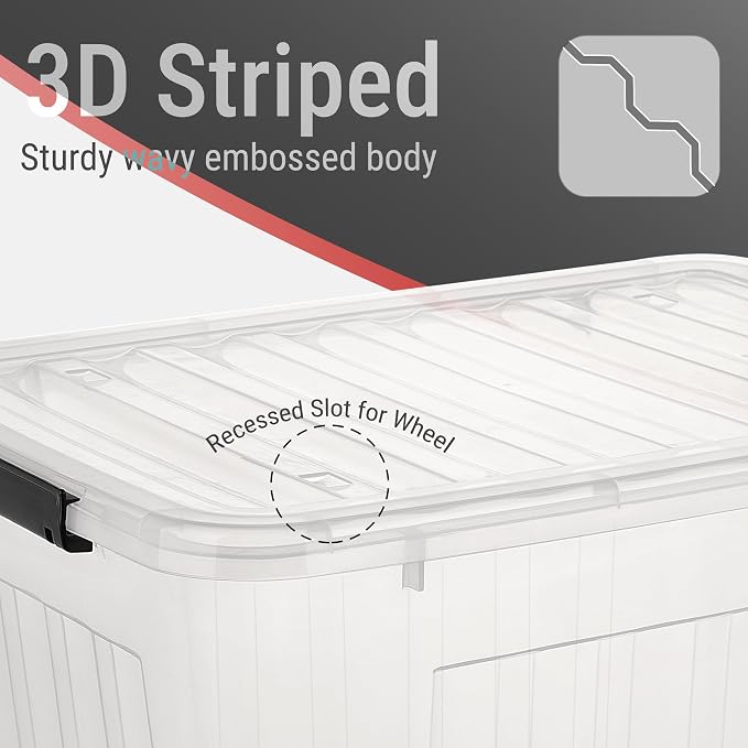 Cetomo Plastic Storage Bins, Lidded Storage Box with Wheels for Home Office Dorm, Wheeled, Stackable, Clear, 85Quart-6 Pack - Image 3