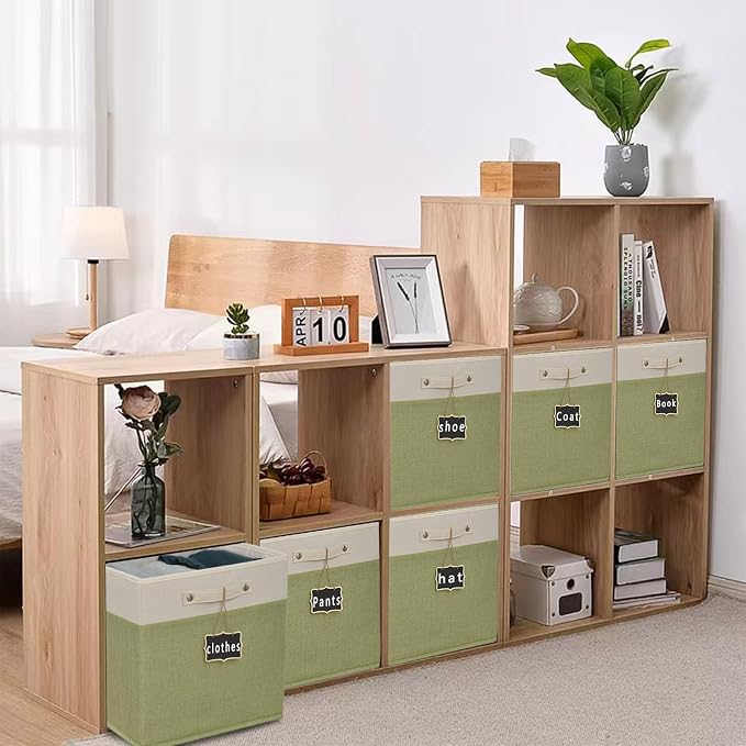 13x13x13 Inch Large Foldable Fabric Linen Cube Storage Bins【4-pack】, with Cotton Handles Closet Bins for Cabinet Shelves Home Organization and Storage bins(White&green) - Image 3