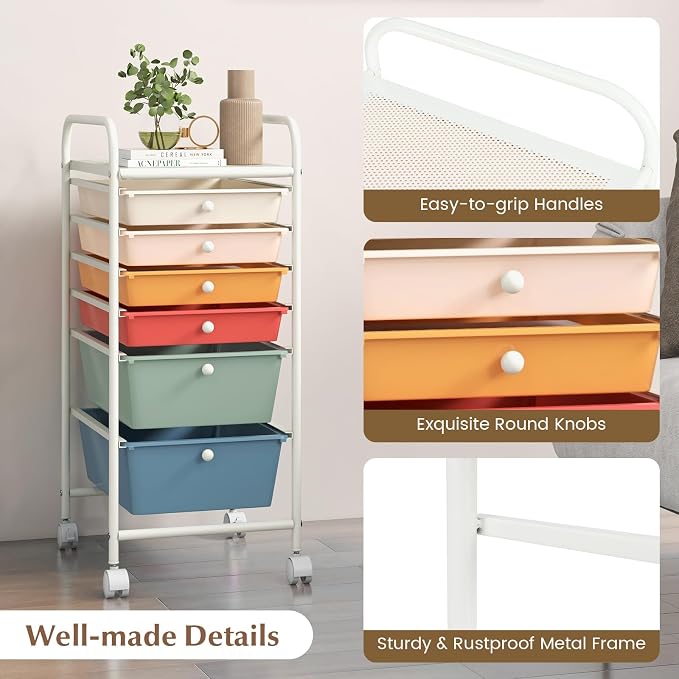 GOFLAME 6-Drawer Rolling Storage Cart, Multifunctional Art Craft Organizer Cart, Mobile Utility Storage Cart with Removable Drawers & Lockable Wheels, Craft Cart for Home Office, Macaron Color - Image 6