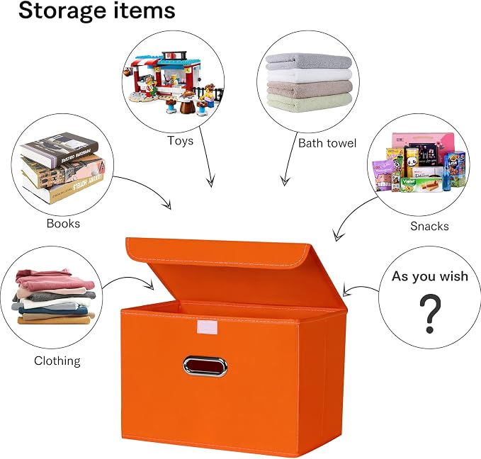 Linen Fabric Foldable Collapsible Storage Cube Bin Organizer Basket Fabric Storage Bins with Lid, Leather Handles, Removable Divider for Home, Closet, Orange - Image 3