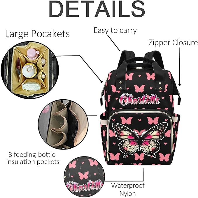 Butterfly Pink Personalized Baby Diaper Bag – Custom Name Waterproof Nappy Backpack with Multi Compartments – Stylish Gift for Mom, Dad, Baby Shower & Outdoor Travel - Image 5