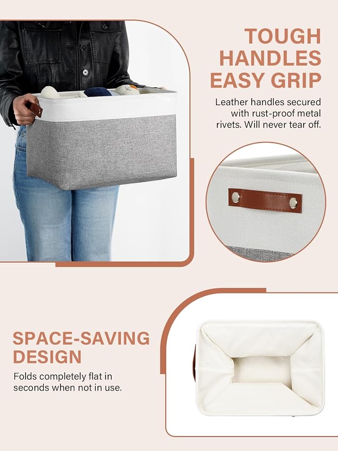 DULLEMELO Storage Baskets for Organizing, Rectangular Fabric Storage Bins Collapsible, Perfect for Shelves, Closets, Empty Gift Baskets (3-Pack Medium-15 inch X 11 inch X 9.5 inch , White&Grey) - Image 5
