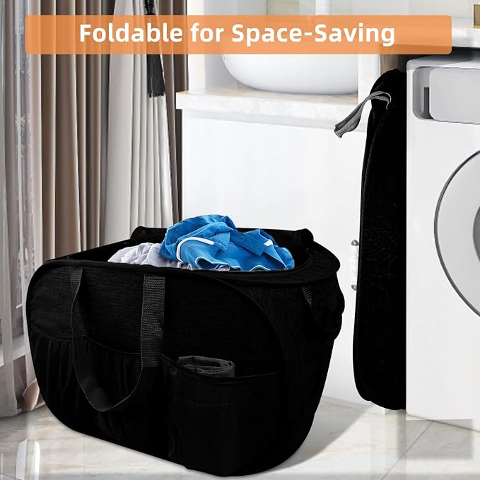 Collapsible Laundry Baskets with Lid, Foldable Laundry Basket with Pockets, Pop Up Laundry Hamper with Dual Handles, 99L Sturdy Clothes Hampers for Clothes, Groceries, Supplies, Tools, Black - Image 4