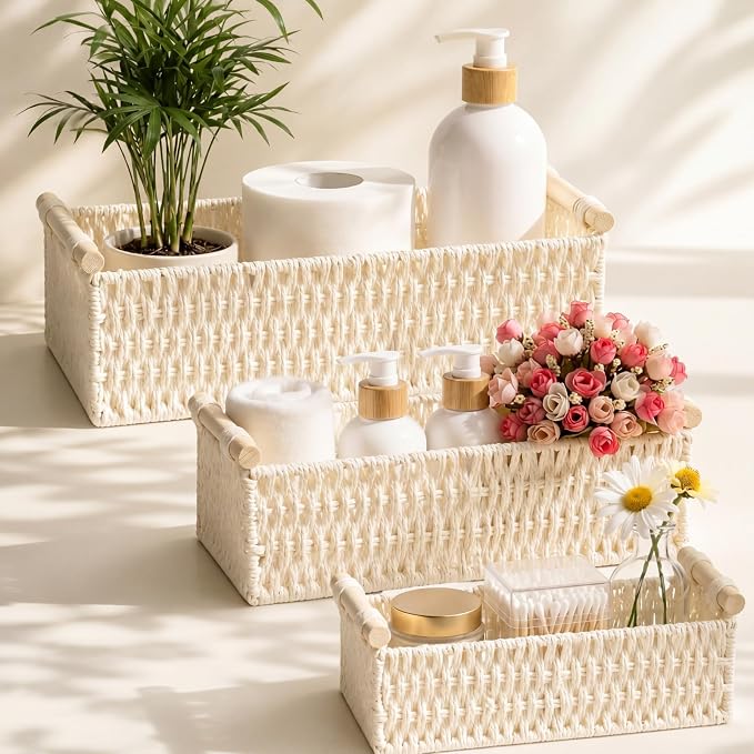 Boao 3 Pcs Boho Storage Wicker Baskets Handmade Woven Decorative Paper Rope Baskets for Organizing with Handle Countertop Toilet Paper Storage Container for Toilet Tank Top (Beige,Rectangle) - Image 6