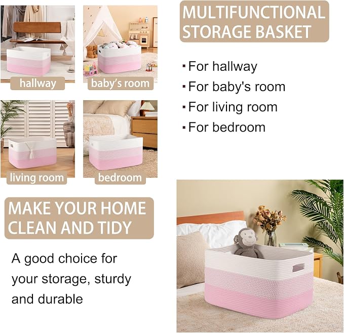 OIAHOMY Blanket Basket Laundry Basket Dog Toy Basket 75L Pink/White | Large Storage Basket,Baby Basket,Toy Storage,Woven Rope Basket for Blankets,Blanket Storage for Living Room - Image 4
