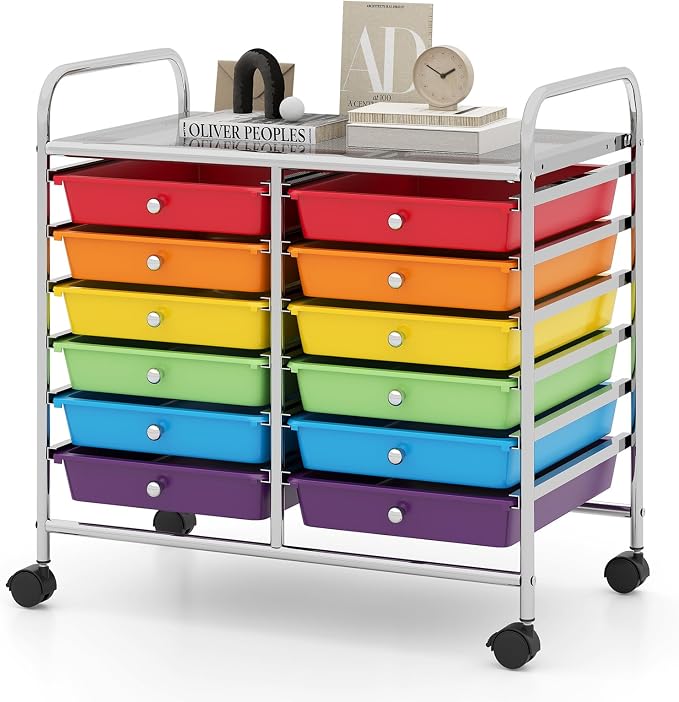 RELAX4LIFE 12-Drawer Rolling Storage Cart Mobile Craft Organizer Colorful | 24.5" Size, 4 Rolling Casters, Metal Frame, For School Teacher Office Salon Art File Supplies by RELAX4LIFE