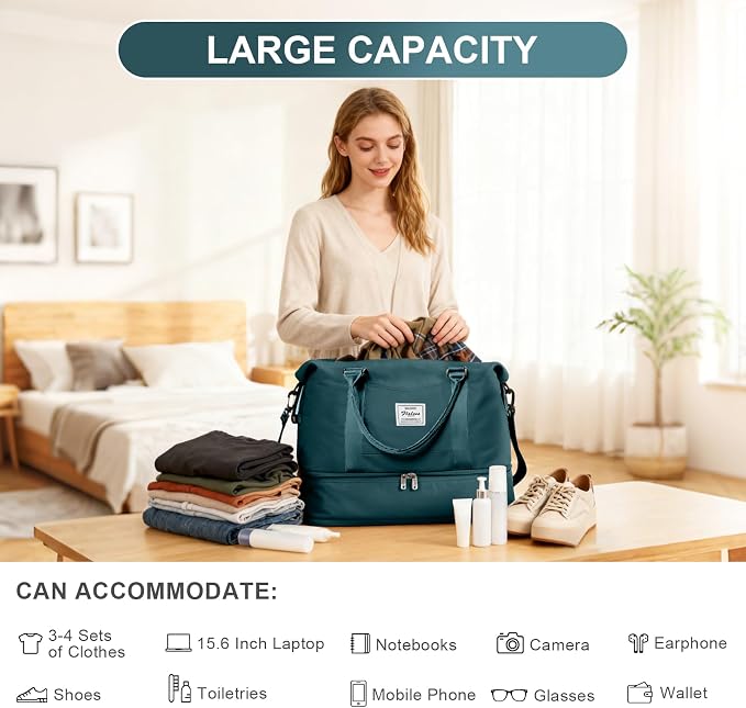 Travel Duffel Weekender Bag Women Tote Carry On Bags With Shoe Compartment | 18x14x8 inches Travel Overnight Bags with Trolley Sleeve for Airplanes Sport Tote Gym for Men Lightweight Daypack Blue. - Image 5