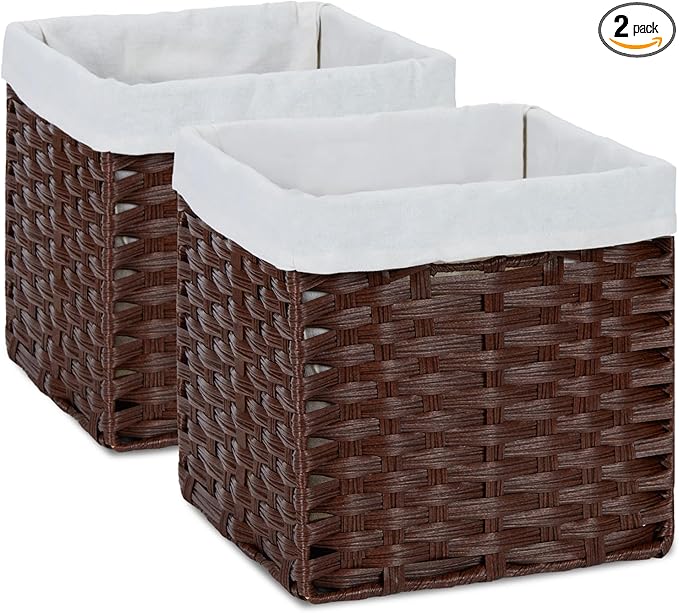 Bidtakay Wicker Storage Baskets with Liners 11x11 Storage Cube Bins for Organizing Imitation Rattan Woven Baskets 2-Pack Woven Storage Baskets with Handles for Pantry-Reddish Brown by BidtakayBaskets
