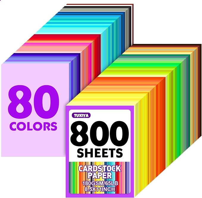 TUXIYA 800 Sheets 8.5" X 11" Colored Cardstock, 80 Colors Card Stock | 180GSM/65LB 80 Assorted Colors Construction Paper Printer Paper for Printing, Card Making, DIY Crafts, School Supplies,Party by Unknown