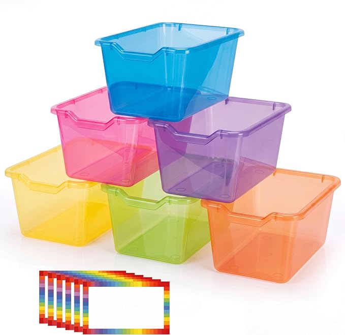 Funrous 6 Pack Plastic Cubby Bins for Classroom, Stackable Storage Bins with Rainbow Labels and Handles Cubby Organizer Containers for Teacher Supplies Home Office Daycare and Playroom (Bright) by Funrous