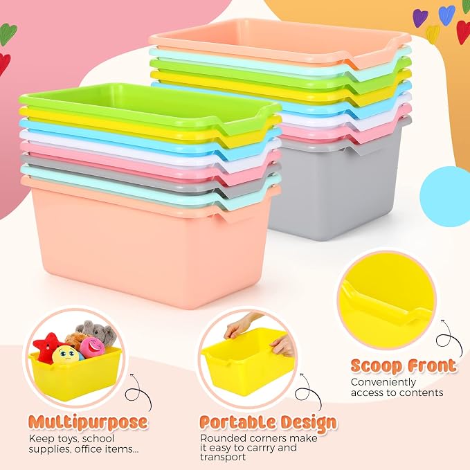 16 Pcs Cubby Bins for Classroom Plastic Book Bins,Candy Color | Storage Bins for Classroom Library, Plastic Stackable Toy Tubs Containers for School Office Home Nursery Playroom - Image 3
