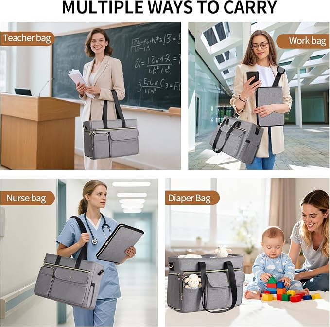 ESTARER Teacher Tote Bag for Women 2Pcs, 15.6'' Laptop Work Bag Computer bag w/Expandable File Folder, Large Water-Resistant Messenger Shoulder bag w/Insulated Pocket for Office/Travel/College, Grey - Image 2