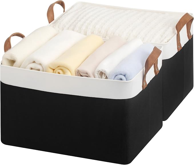 StorageWorks Closet Storage Bins, Black and White, Large, 2-Pack | With Reinforced Soft PU Handles, Sturdy Metal Frame, Collapsible Basket for Shelves, Closet, Holds Clothes, Towels, Blankets by StorageWorks
