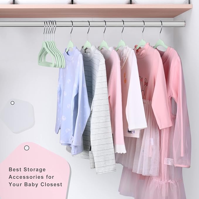 BAGAIL 50 Pack Kids Velvet Hangers 14 Inches Children's Clothes Hangers Non-Slip Baby Hangers for Infant/Toddler (Lime Cream) - Image 6