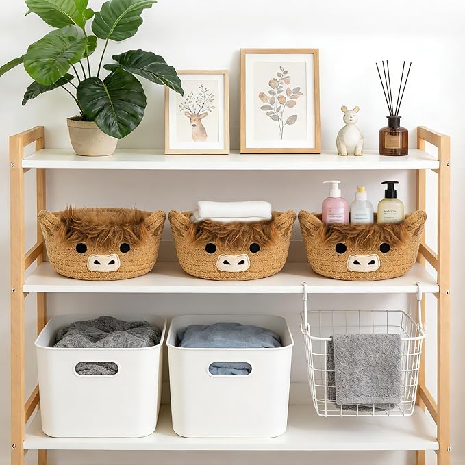 3 Pack Small Highland Cute Cow Storage Baskets for Organizing Gift Basket | Woven Decorative Nursery Shelves Rope Cotton Storage Bins for Gifts Empty, Mini Burr Baby Shower with Handles,7 IN - Image 4