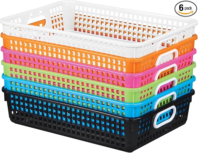 Really Good Stuff Small Desktop Paper Storage Baskets, 14" x 10" x 3.25" | 6-Pack, Neon Group Colors, Mesh Baskets for Classroom or Home, Secure Papers Crease-Free by ReallyGoodStuff