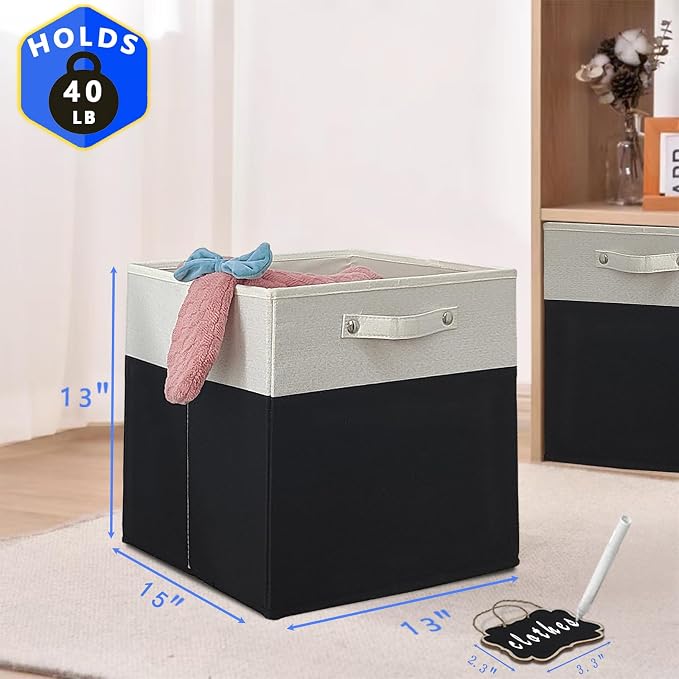 13x15x13 storage cube bins,Set of 4 Collapsible Fabric Storage Cubes with Labels,Linen Cube Storage Organizer Bins Kallax Storage Cubes for Organizing Office,Shelves,Cabinet,Clothes(White Black). - Image 3