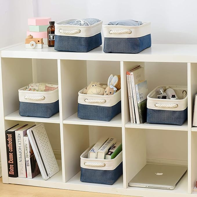 Storage Bins for Shelves - 12x8x5.2 inch 1 Pack Baskets for Gifts Empty, Fabric Storage Cubes for Closet Organizing Dog Gift Cloth Toy (White & Jean Blue) - Image 5