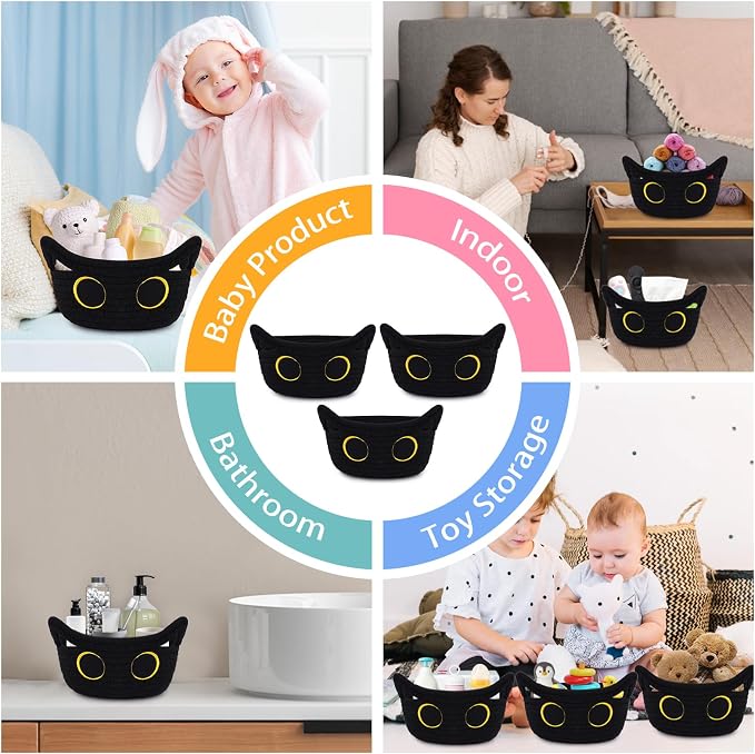 3 Pack Small Black Cat Storage Baskets for Organizing,Woven Mini Basket | Decorative Gift Basket,Nursery Shelves Rope Cotton Storage Bins for Gifts Empty, Mini Burr Baby Shower with Handles,7 IN - Image 5