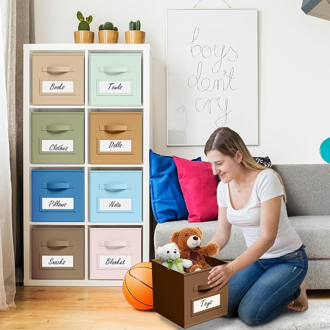 Teenyyou 10 Pack Fabric Storage Cubes 11 Inch Collapsible Cube Bins with Label Window & Handle Foldable Organizers Baskets for Shelf Closet Nursery Kids Room Clothes Book Toy(Boho) - Image 6