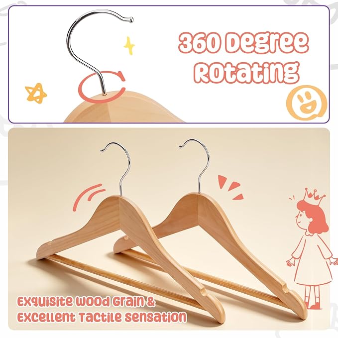 Kids Wooden Hangers 20 Pack, Solid Wood Baby Hangers,12.6" Kids Hangers with Pants Bar,Shoulder Notches,Swivel Hooks,for Toddler Kids Clothes(Natural) - Image 2