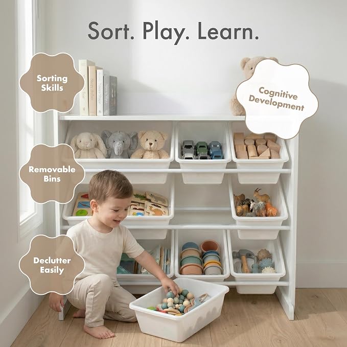 Humble Crew Kids Toy Organizer with Display Shelf, 9 Bins, 3 Tier Storage | Sturdy wood and steel toddler shelf, removable BPA-free containers, wall anchor anti-tip safety kit for bedroom or classroom - Image 6