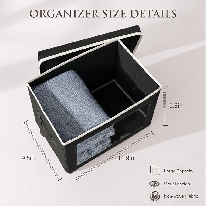 Stackable Storage Bins with Lids - Medium Storage Box with Lids, Foldable Closet Boxes for Organizing, Wardrobe Clothes Organizer with Window, Cubes Bins for Living Room, 5 Pack, Black - Image 6