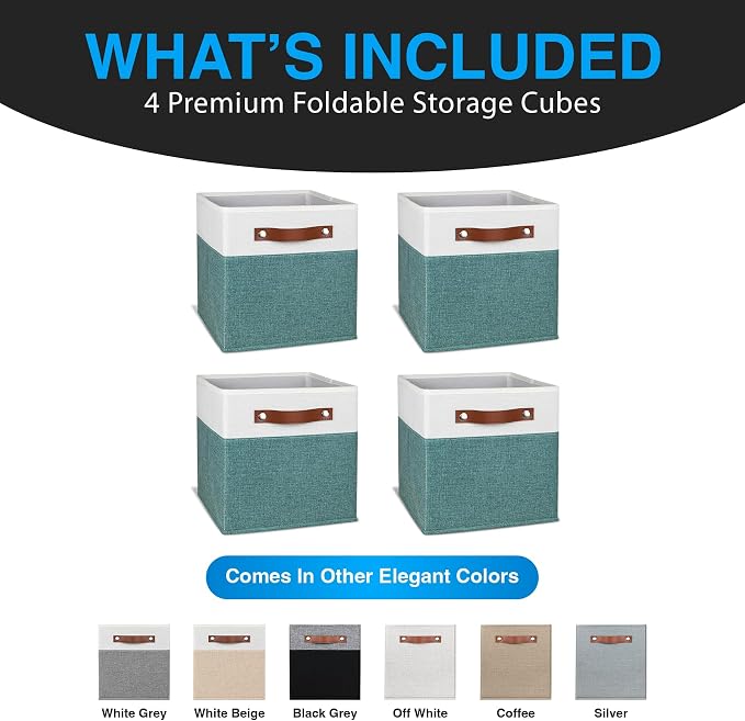 11 Inch Cube Storage Bin - 4 Pack - Linen Fabric 11x11 Cube Storage Bins for Bedroom, Living Room, Clothes and Toys; Foldable, Dual Leather Handles - Image 7