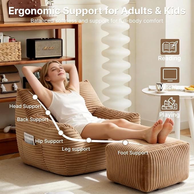 Oversized Bean Bag Chair with Ottoman, Bean Bag Couch with 2 Side Pockets, Corduroy Boneless Couch Chair in a Box, Comfy Lounge Chair for Living Room, Bedroom, Dorm, Brown - Image 5