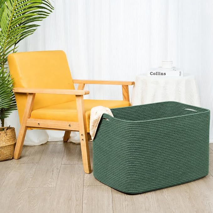 112L Extra Large Blanket Basket Holder Living Room, 25"x17"x16" Rectangle Rope Woven Storage Basket with Handles for Laundry, Towels, Shoes, Dog Toy Organizer Bin Box, Green - Image 5