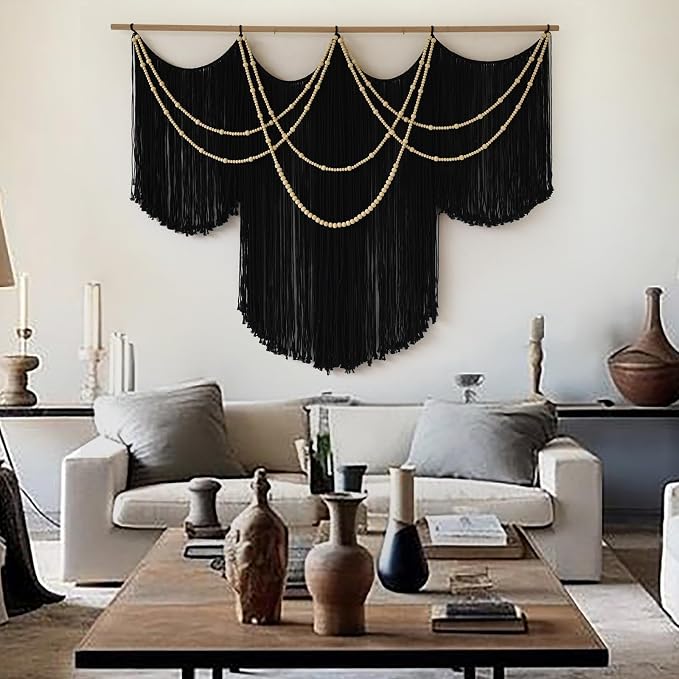 Macrame Wall Hanging Black Yarn Tapestry Boho Fiber Art Decor 57"W*43"L | Black Wall Hanging, Woven Fiber Art, Handmade Cotton Decor, Modern Boho Style, Statement Wall Accent, Handmade Craft - Image 4
