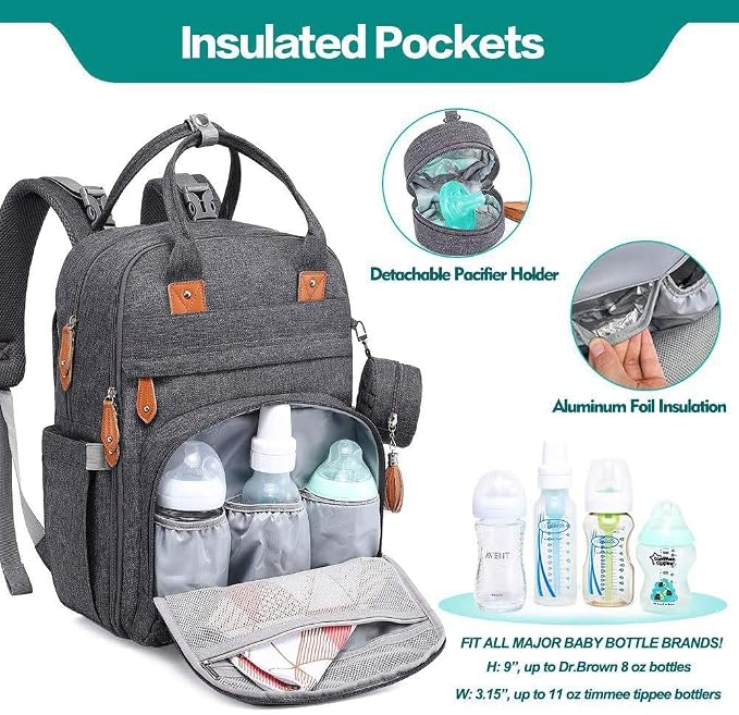 KAUKKO Baby Diaper Backpack Multifunction Travel Organizer with Stroller Straps Large Capacity and Durable (T1BLACK) (MDARK GRAY) - Image 2