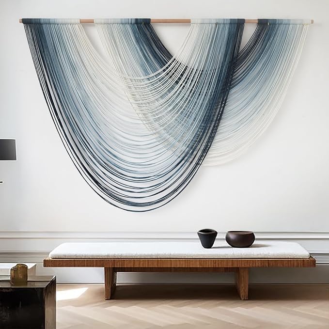 Macrame Wall Hanging Large handmade Navy Blue Ombre Fiber Art 57"W*39"L | Handwoven Wall Hanging, Navy Blue Ombre Design, Macrame Fiber Art, for Living Room Bedroom - Image 3
