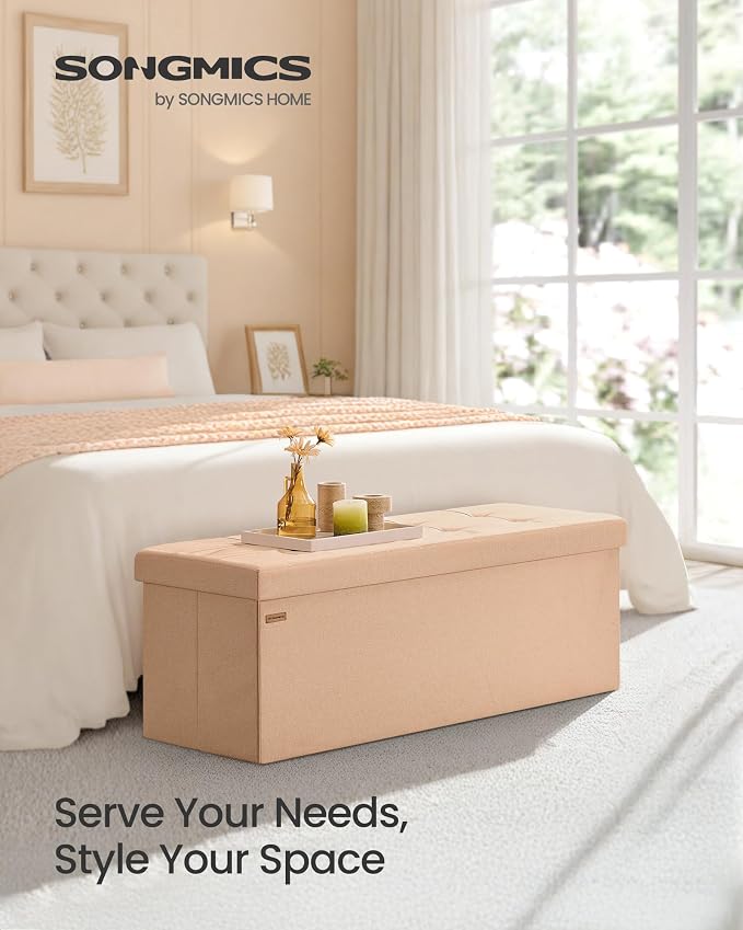 SONGMICS 43.3 Inches Folding Storage Ottoman Bench, Load 660 lb | Ottoman Foot Rest, Storage Chest, for Living Room, Entryway, Apricot and Ink Black, MINOTA Collection ULSF077O01 - Image 3